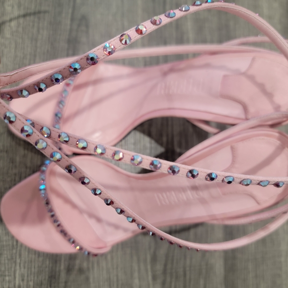 Piferi Satin Vegan Leather Ankle Wrap Stylish Pink Rhinestone Heels Size 37 Or 7 - Picture 10 of 14